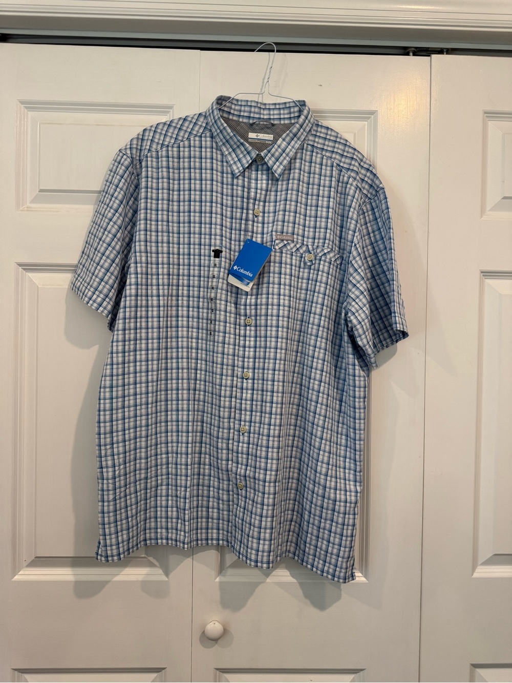 Columbia Ponderay Plaid Short Sleeve Shirt Blue White XL NWT Performance